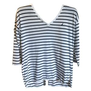 Nautica Women's Oversized Navy Blue Striped V-Neck T-Shirt, Large